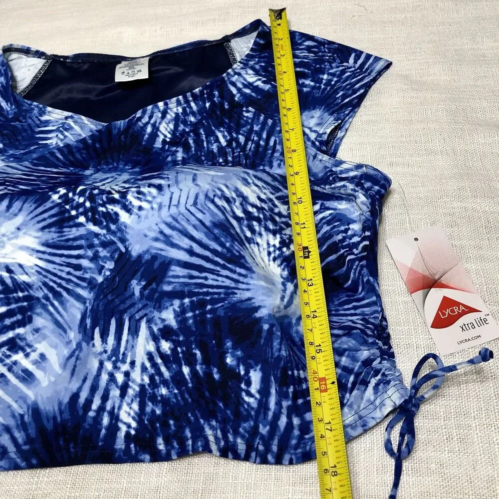 Lands End Tie Dye Tankini Swim Top Women 18W Blue Palm Print Padded Beach Resort